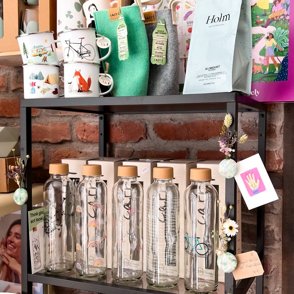 Nachhaltige Carrybottles Glastrinkflaschen für den Einzelhandel