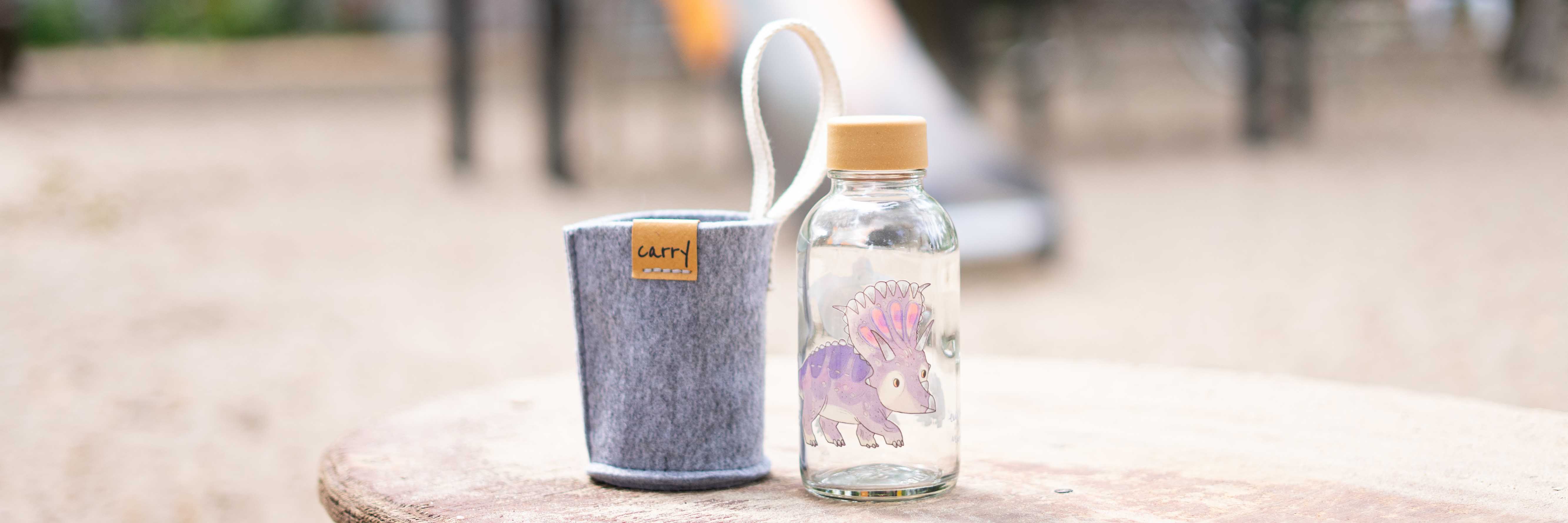 Nachhaltiges Bundle für Kinder mit 400ml Glastrinkflasche mit Dino-Druck und Schutzhülle – spare im praktischen Set