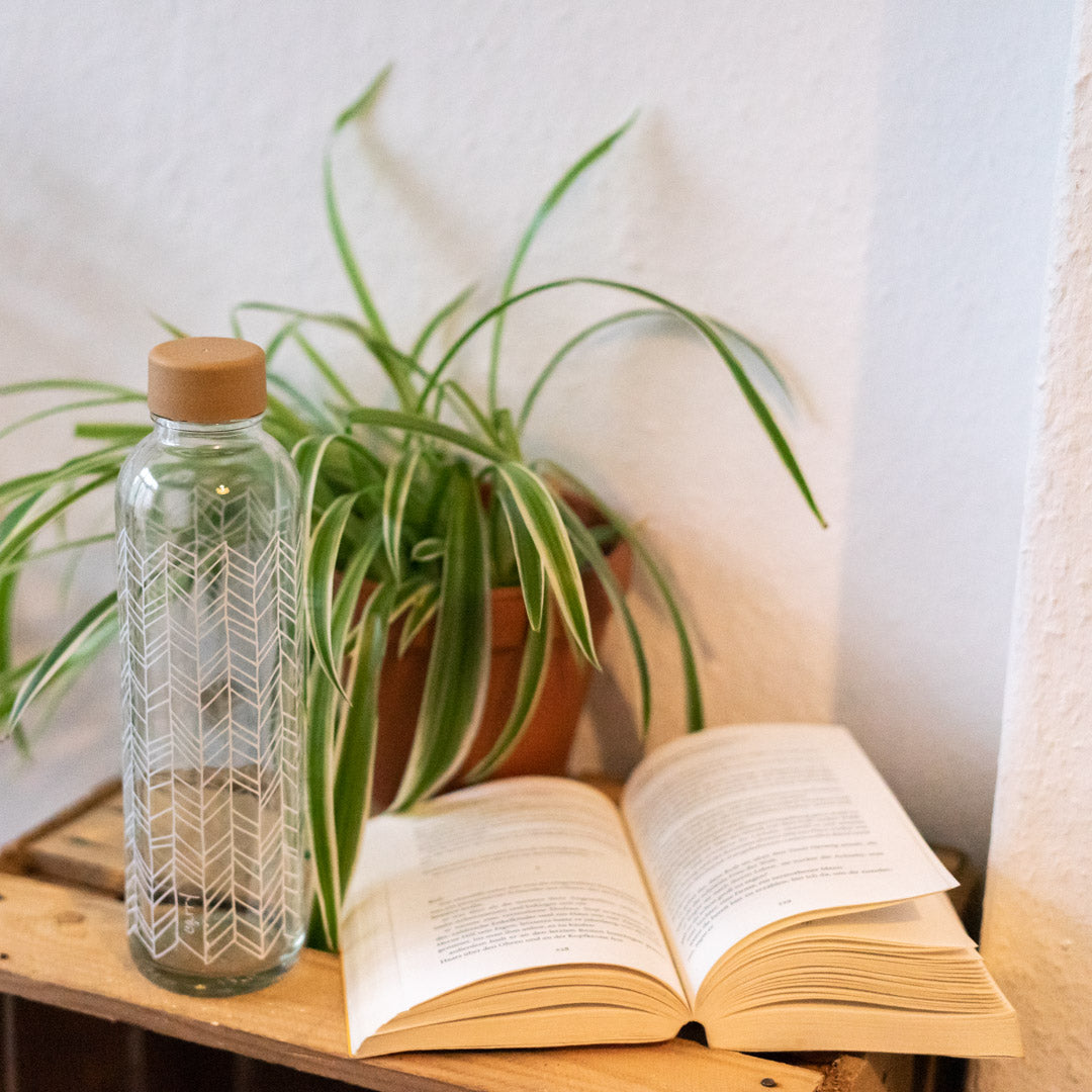Structure of Life CARRY Glasflasche mit gemoetrischem weissen Motiv fuer Zuhause und Unterwegs