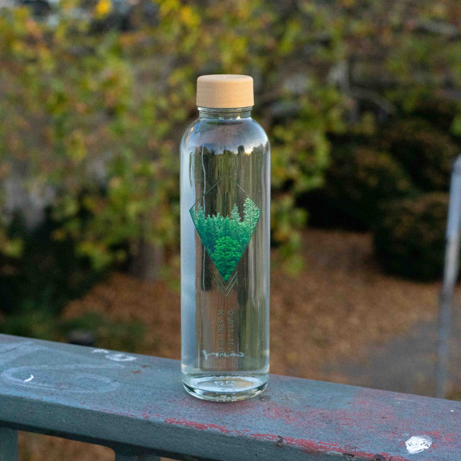 Into The Woods 0,7L Trinkflasche aus Glas mit Waldmotiv und Koordinate für Urwald Spende