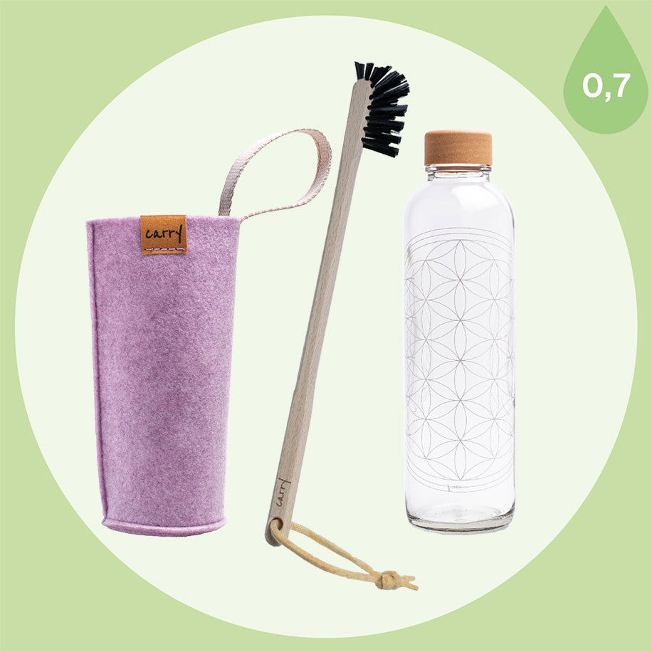 CARRY Bundle Set aus Trinkflasche aus Glas Flower of Life, Flaschenbürste und Schutzhülle Magnolien-rosa