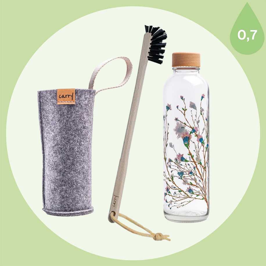 CARRY Bundle Set aus Trinkflasche aus Glas Hanami, Flaschenbürste und Schutzhülle grau