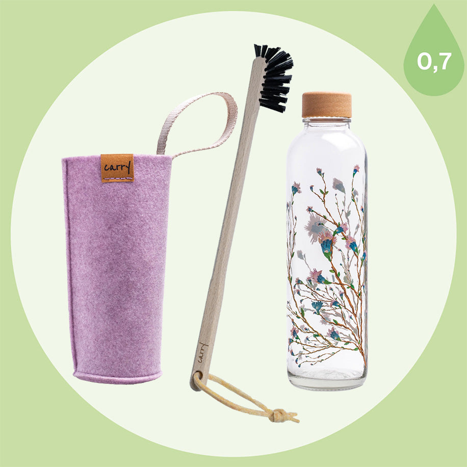 CARRY Bundle Set aus Trinkflasche aus Glas Hanami, Flaschenbürste und Schutzhülle Magnolien-rosa