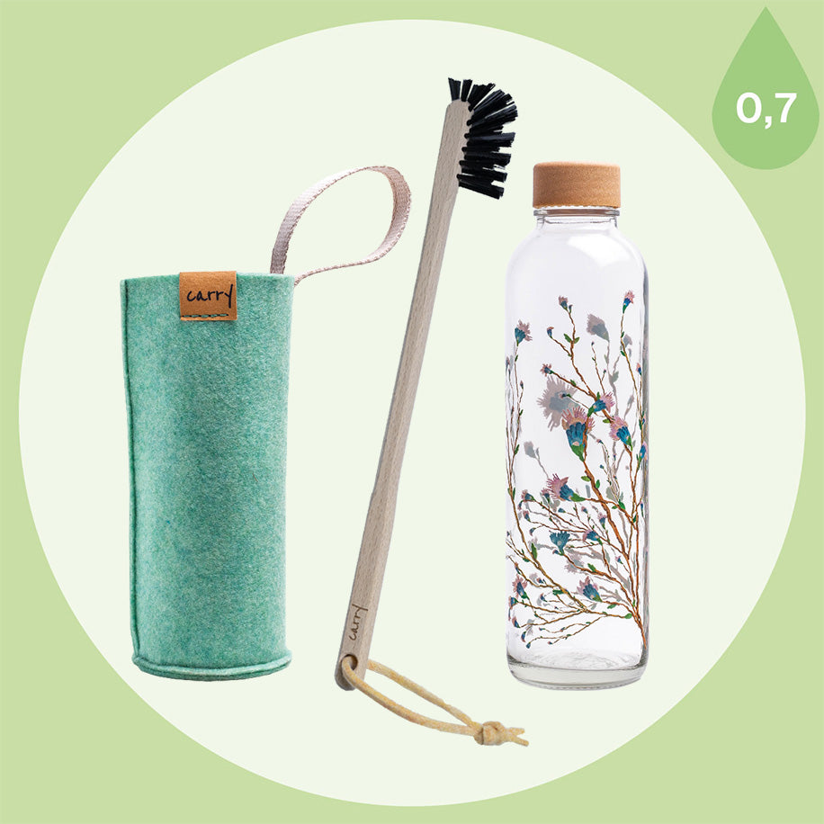 CARRY Bundle Set aus Trinkflasche aus Glas Hanami, Flaschenbürste und Schutzhülle minze