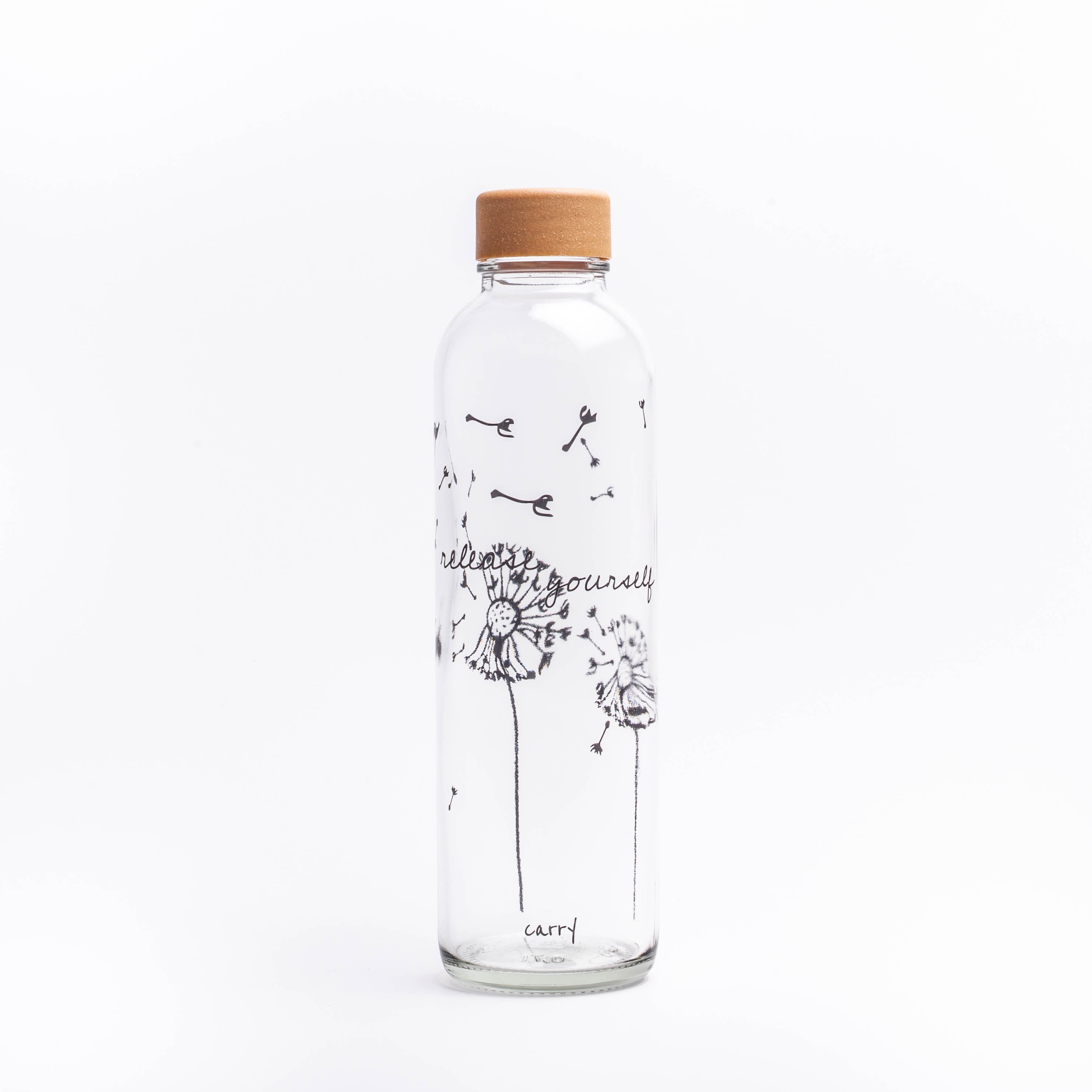 Glastrinkflasche mit Spruch und Pusteblume