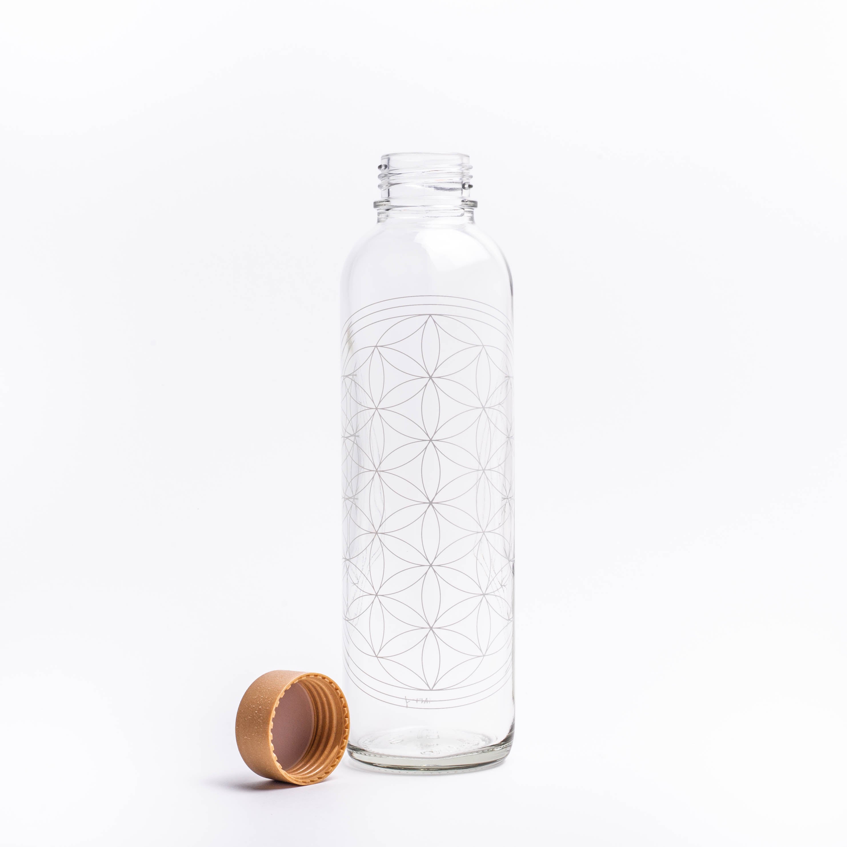 Glastrinkflasche mit weißer Blume des Lebens mit Verschluss links