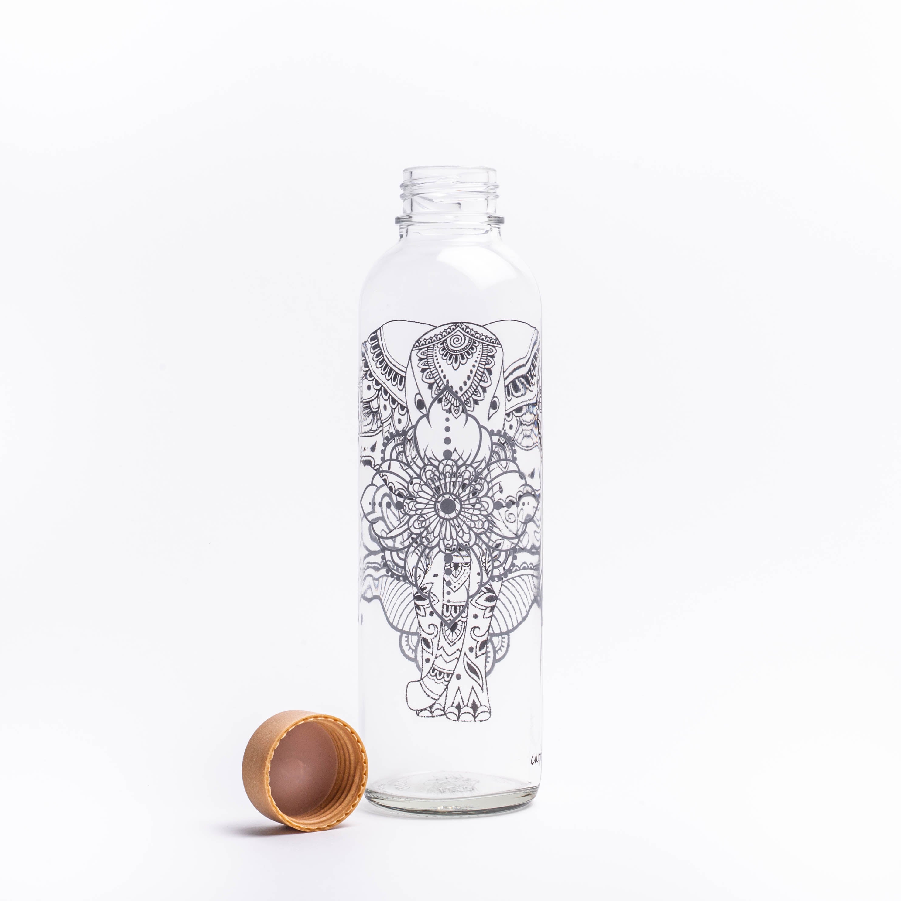Glastrinkflasche mit Elefant und Mandala mit Verschluss links