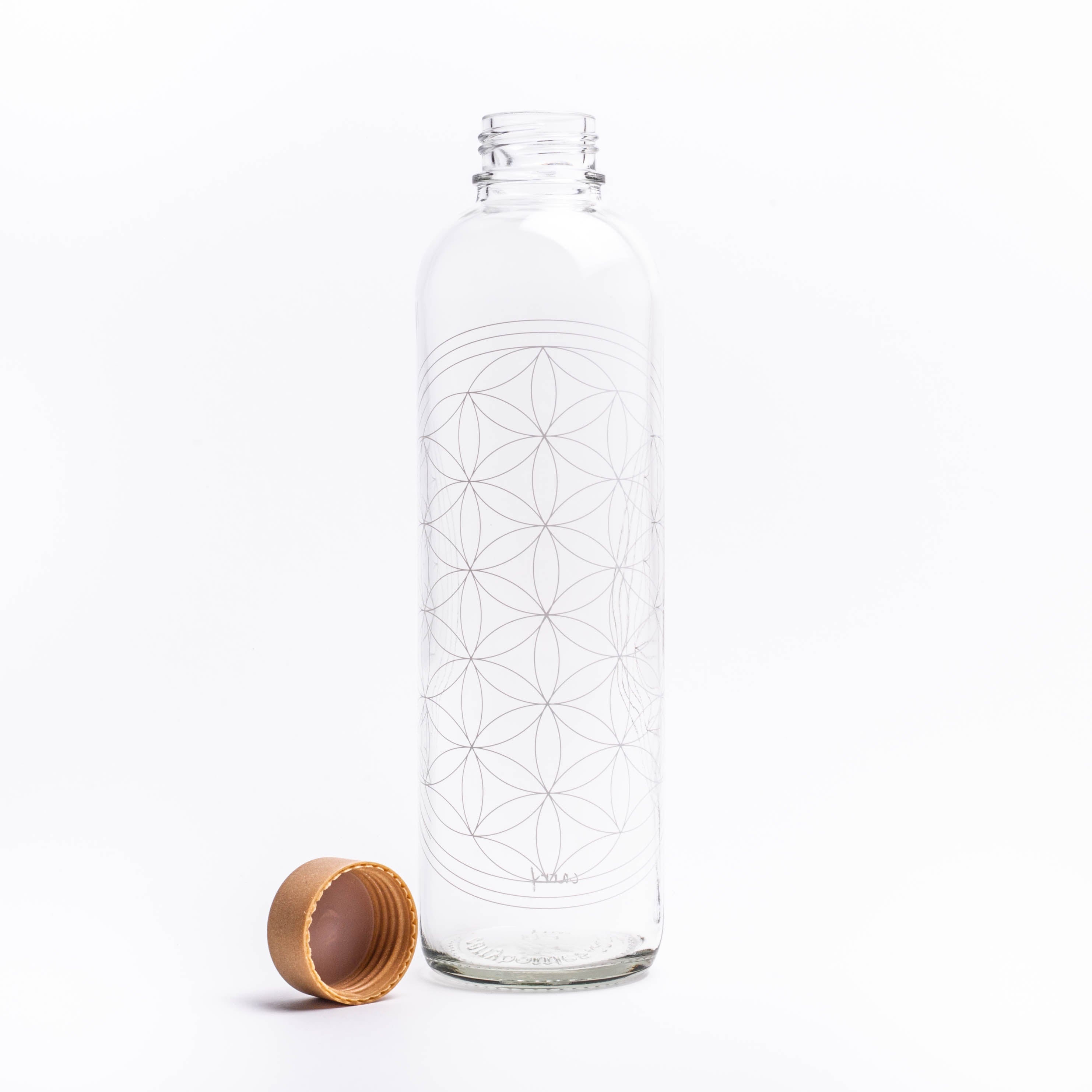 Glastrinkflasche mit Blume des Lebens groß mit Verschluss links