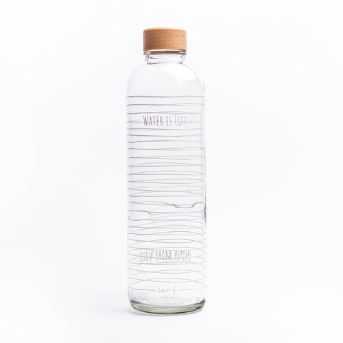 Glastrinkflasche mit weißen Streifen und Spruch Wasser ist Leben groß
