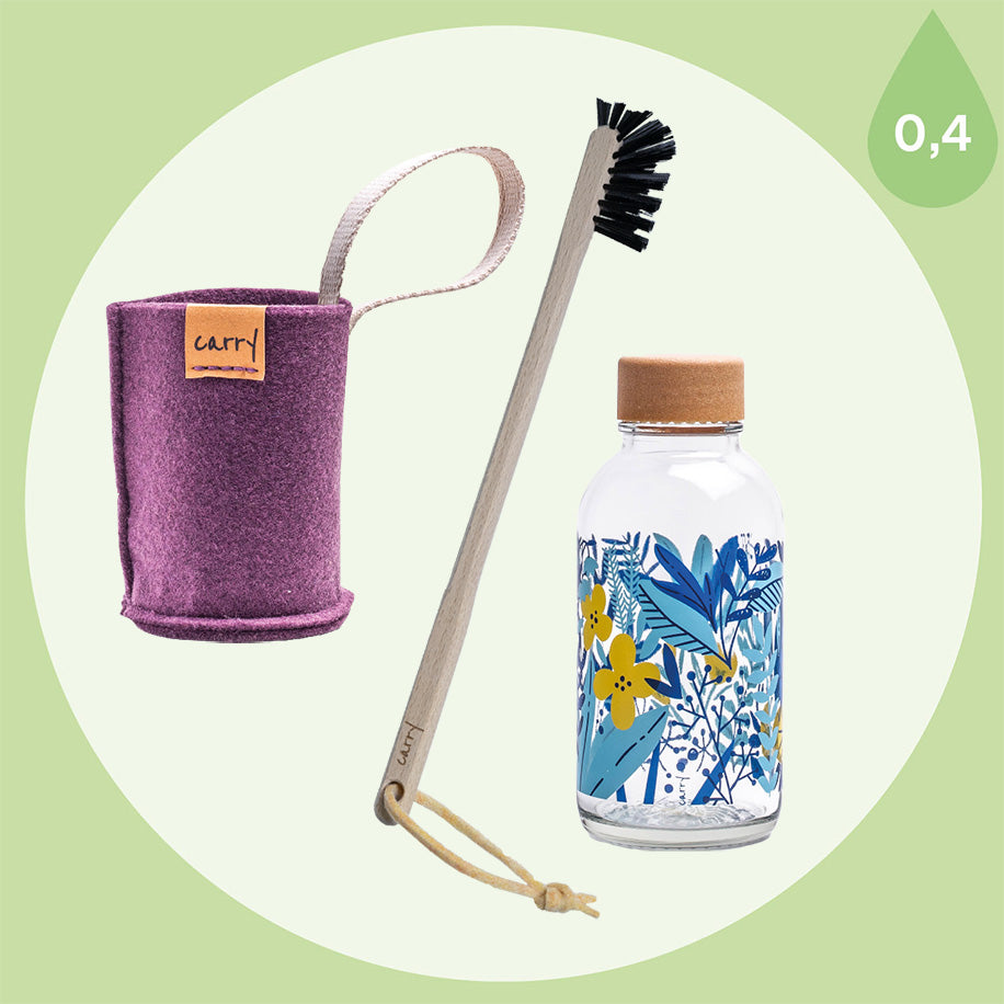 CARRY Bundle Set aus Trinkflasche aus Glas Little Jungle, Flaschenbürste und Schutzhülle mauve