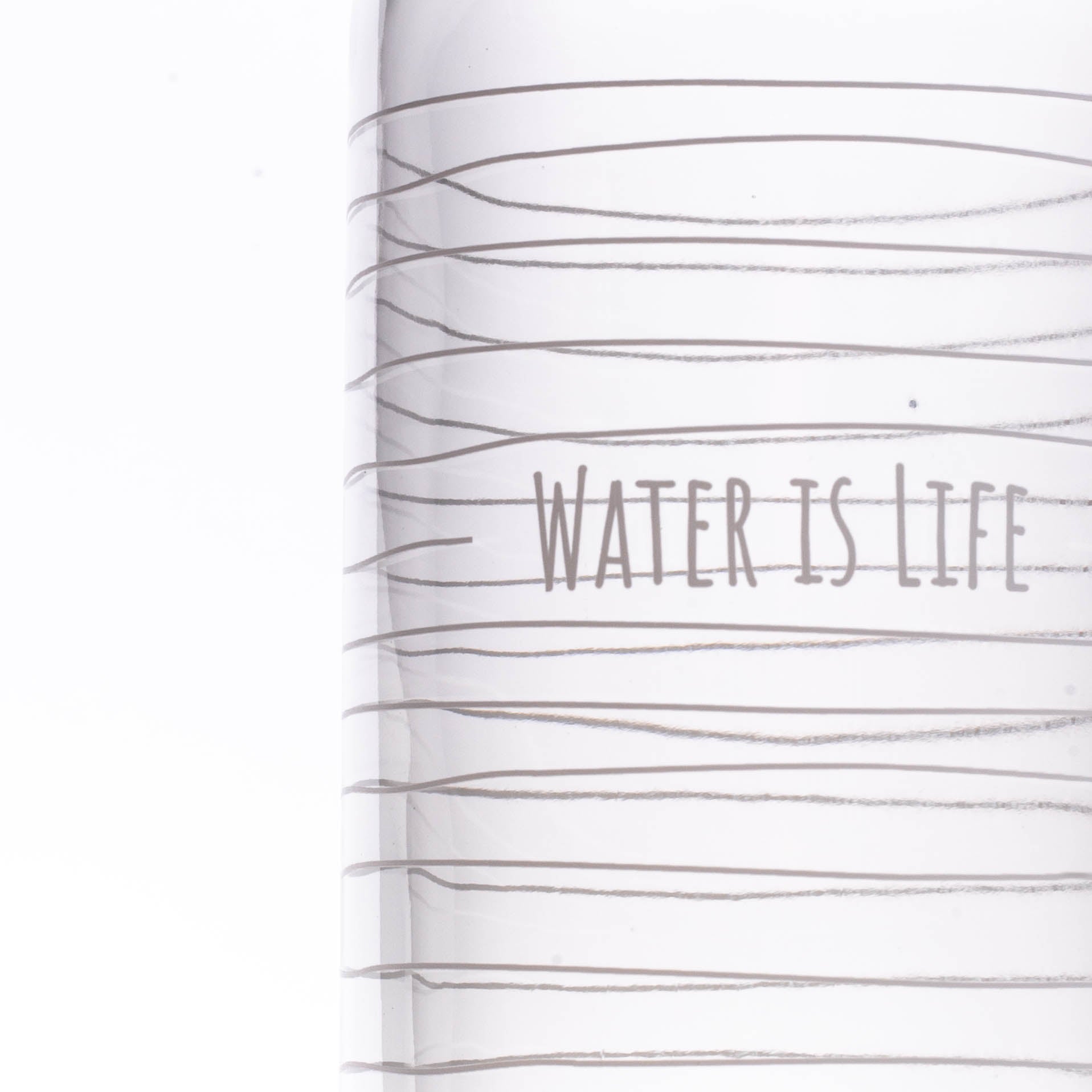 Water is Life CARRY Trinkflasche aus Glas mit weißem Design
